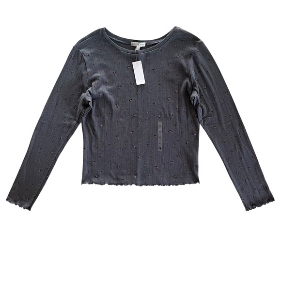 Fitz + Eddi Women XL Grey Pink Floral Long Sleeve Cropped Ribbed Lettuce Hem Top - Picture 2 of 11